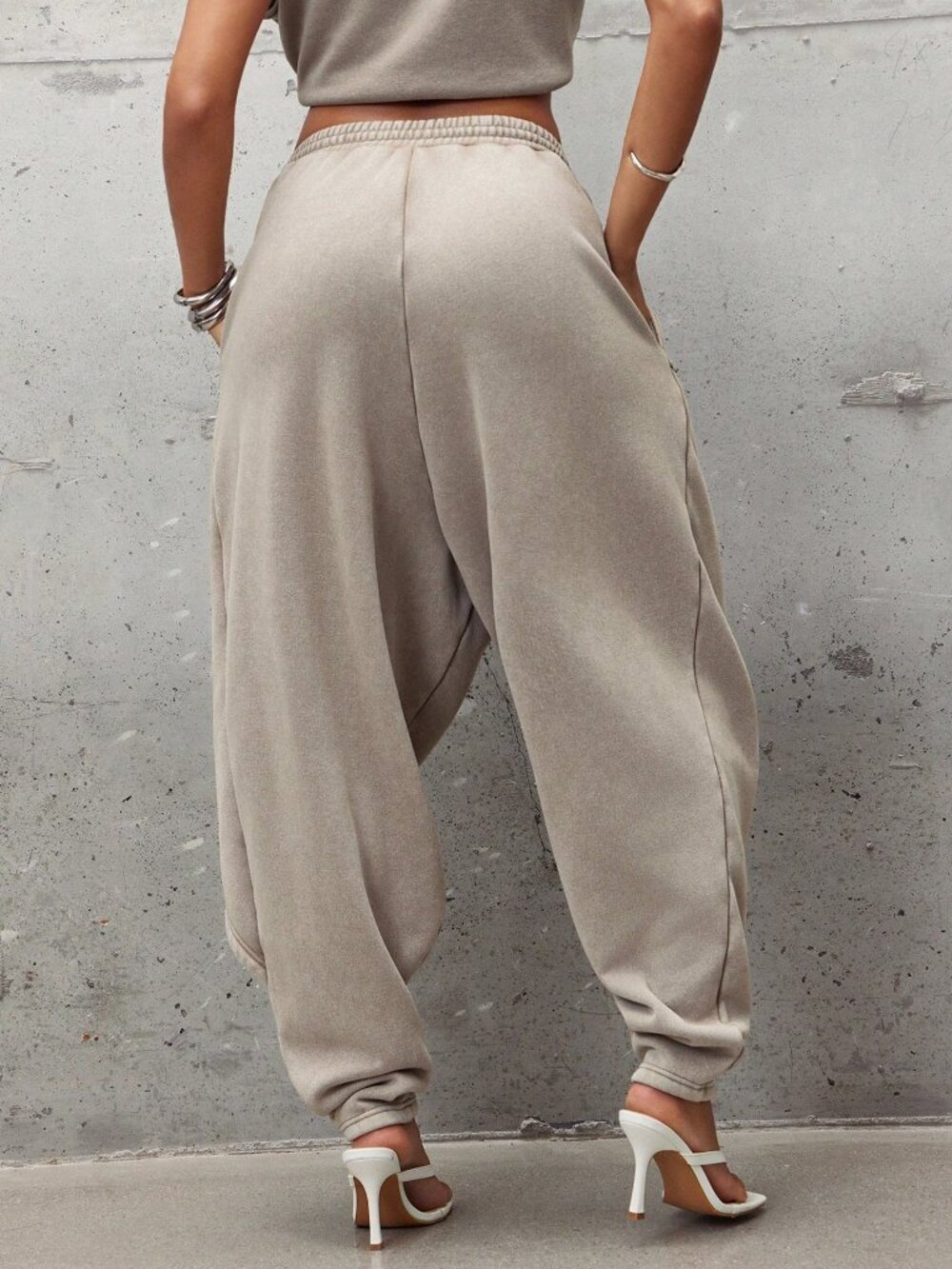 Grey Casual Women's Drawstring Pocket Layered Detail Long Loose Harem Sweatpants - Picture 2 of 5